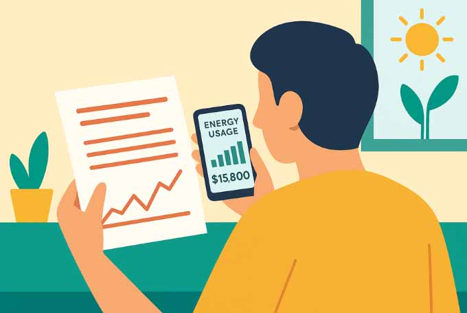 A flat-style digital illustration shows a person reviewing their electricity bills and using an energy monitoring app, symbolizing step 1 of assessing home energy needs for solar installation.