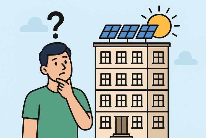 Animated illustration of a man standing in front of a Karachi-style apartment building with solar panels on the roof, looking confused with a question mark above his head, symbolizing curiosity about installing solar in his apartment.