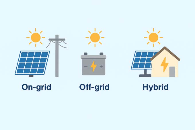 A flat-style digital infographic displaying three types of solar systems—On-grid, Off-grid, and Hybrid—represented by distinct icons, side-by-side.