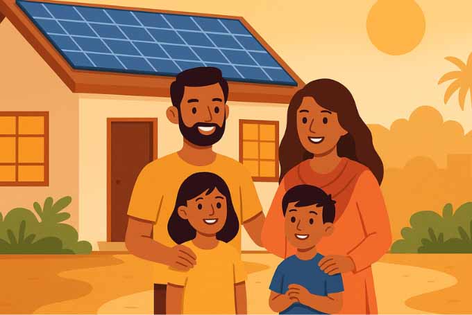 A flat-style digital illustration features a smiling family standing outside their Karachi home with solar panels on the rooftop, surrounded by warm evening sunlight.