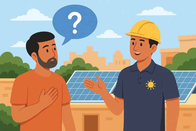An animated illustration of a curious Karachi homeowner asking questions to a solar expert, with solar panels visible in the background, portraying a helpful consultation scene.