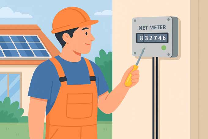 A flat-style digital illustration of an electrician inspecting a net meter installed on the wall of a Karachi home, representing the net metering process.
