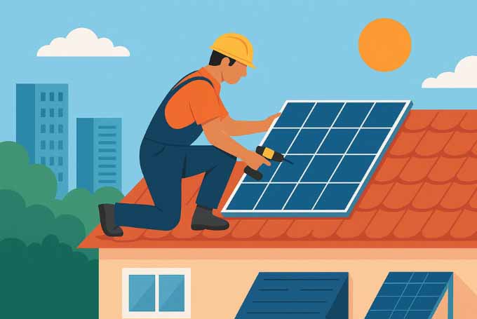 A flat-style digital illustration shows a solar technician on a rooftop in Karachi installing solar panels, with tools and safety gear, under bright sunlight.
