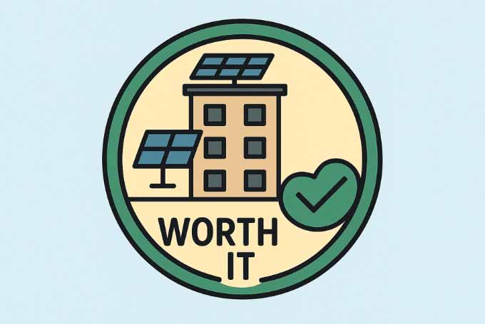 Flat illustration showing solar panels on an apartment with a large green checkmark and text saying ‘Worth It’.