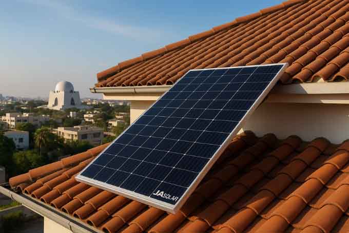 JA Solar panel installed on a tiled Karachi rooftop with Mazar-e-Quaid visible in the background under a clear sky