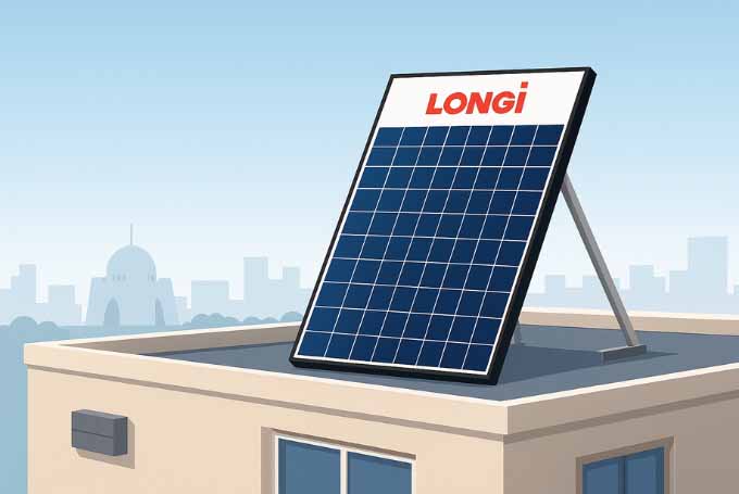 LONGi solar panel installed on a modern Karachi rooftop with Mazar-e-Quaid visible in the background