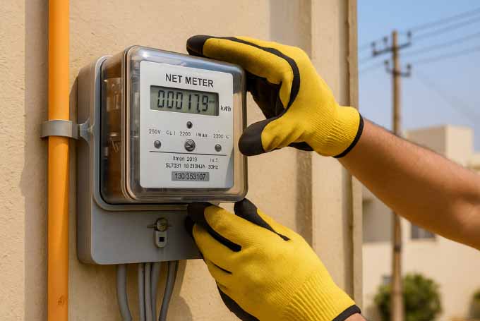 Photograph of a technician installing a digital net metering system on a Karachi home, showing the real process of connecting solar panels to the K-Electric grid.
