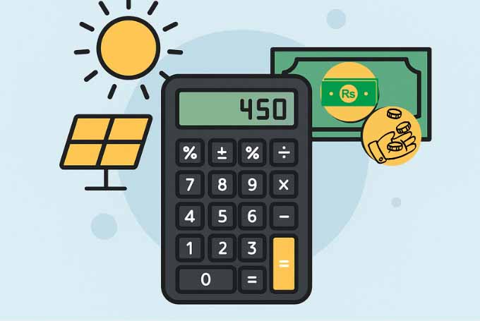 Illustration of a solar panel, sun, and currency symbols with a digital calculator displaying '450' to represent budgeting or calculating solar energy costs in Pakistani Rupees (Rs)
