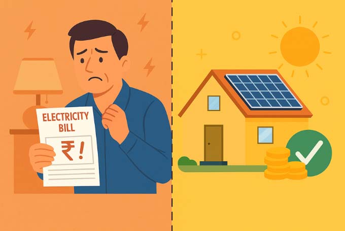 A 2D digital illustration split into two halves—one side shows a frustrated South Asian man looking at high electricity bills during a power outage, while the other side shows the same man relaxed and smiling in a solar-powered home with bright lighting and lower bills.