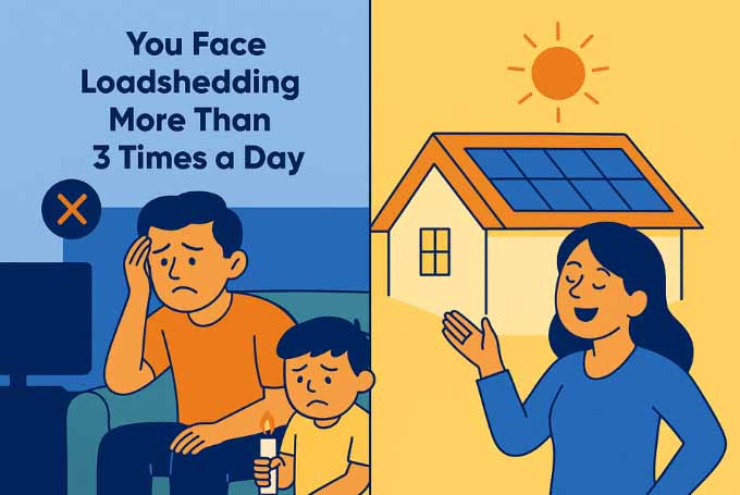 A 2D digital illustration compares the frustration of frequent loadshedding with the relief of solar-powered living; on the left, a distressed South Asian child and parent sit in a dark room with no electricity, while on the right, there is a well-lit house powered by solar energy.