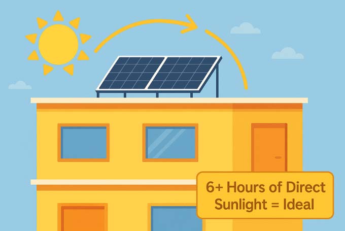 A flat-style digital illustration shows a single solar panel on a sunny rooftop in Karachi, surrounded by bright sunlight and minimal shadows—highlighting optimal solar exposure.