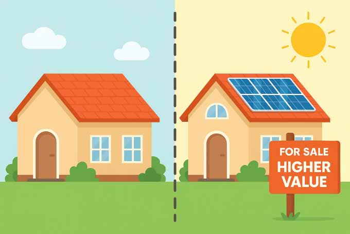A digital illustration compares two single-story houses—one without solar panels appearing plain, and the other with rooftop solar panels, a lush garden, and a "For Sale" sign with a higher price tag—highlighting increased property value with solar installation.