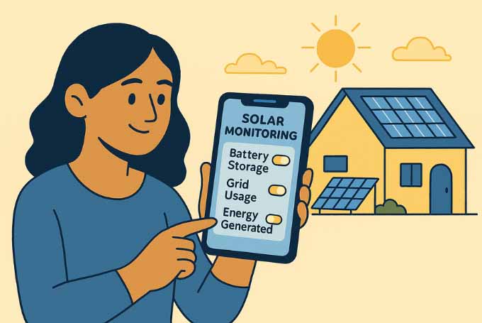 A flat-style digital illustration shows a South Asian woman at home using a tablet to monitor and control her solar energy usage, with charts and sun icons in the background, representing energy independence and smart solar control.