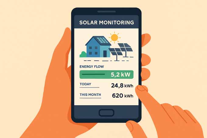 A flat-style digital illustration shows a person holding a smartphone displaying a solar monitoring app with charts and power data, representing system activation and real-time energy tracking.