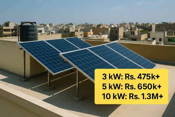 A realistic rooftop in Karachi with solar panels installed and transparent price tags showing system costs, created by Solar Karwan to visualize 2025 solar panel prices.