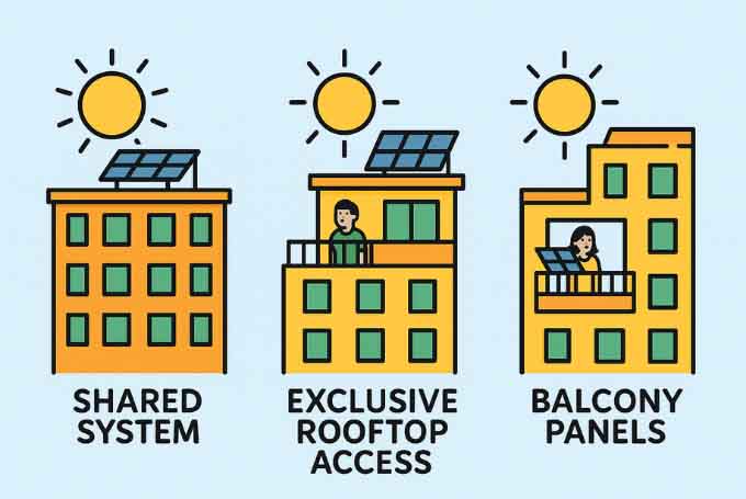 Different solar options for apartment residents: shared rooftop, individual access, and balcony systems.