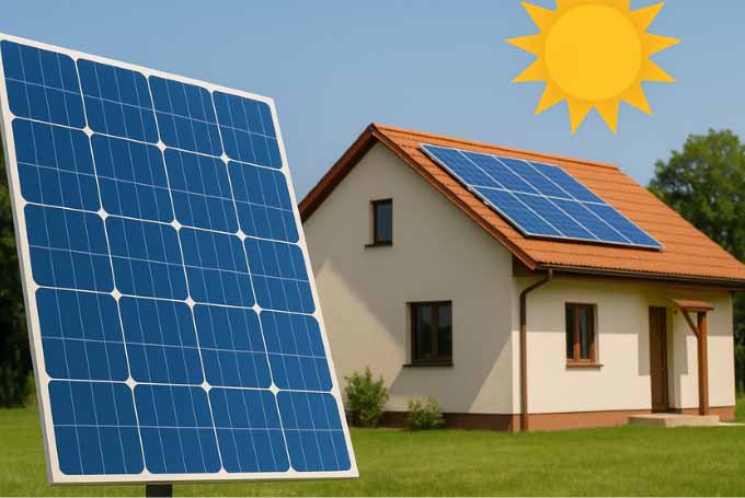Illustration of a modern Karachi home with solar panels on the rooftop under bright sunlight, representing clean solar energy in Pakistan. solar karwan.com