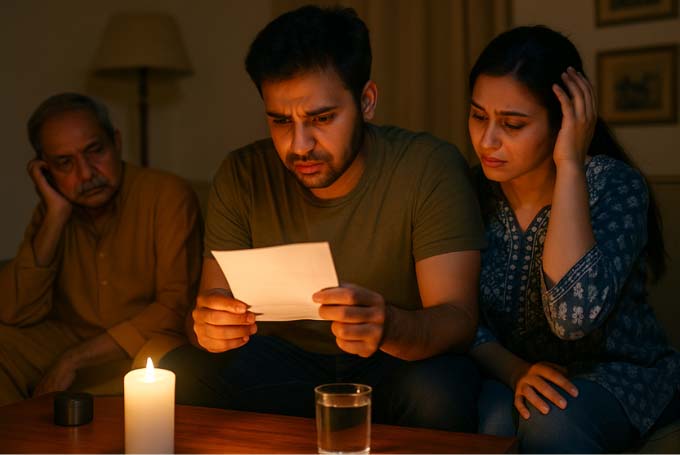 Photorealistic image of a Pakistani family sitting in the dark during load-shedding, looking worriedly at electricity bills, showing the impact of rising costs and power cuts in Karachi. solar karwan.com.