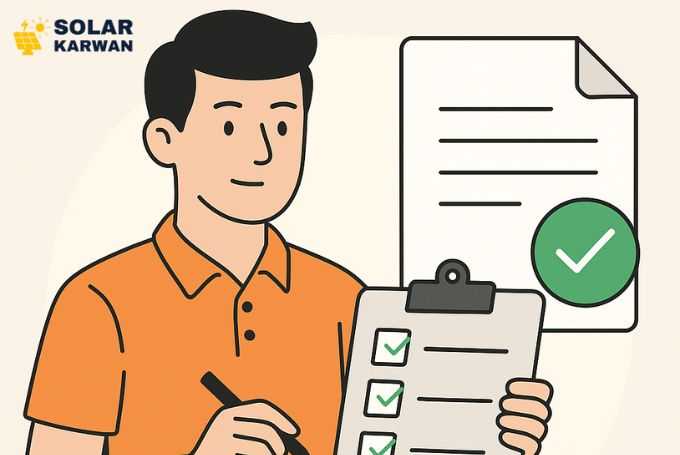 Flat-style illustration of a person holding a clipboard with a checklist and a pen, symbolizing the step-by-step application process for net metering. At the top left is Solar Karwan's Icon.