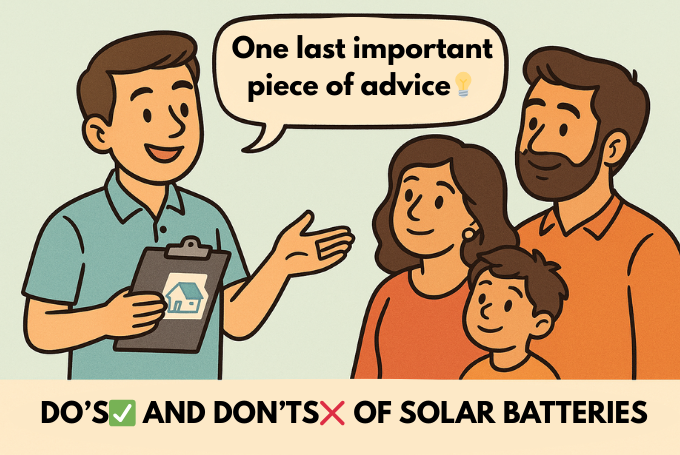 An illustration of a solar karwan team member talking to a family and telling them one ;last important piece of advice about the do's and don'ts of buying solar batteries in Karachi