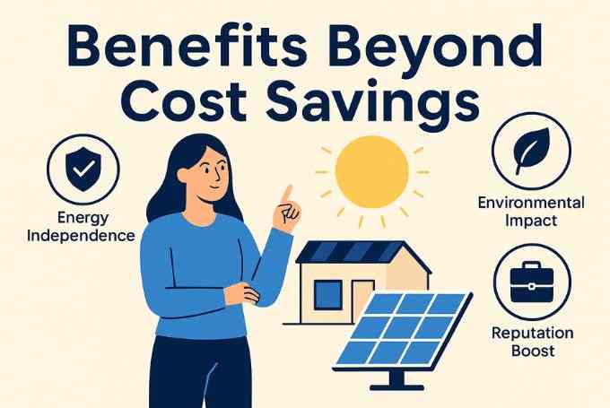 Flat-style infographic with a woman standing next to solar panels and a shop. Icons around her represent energy independence, environmental impact, and reputation boost under the heading “Benefits Beyond Cost Savings.