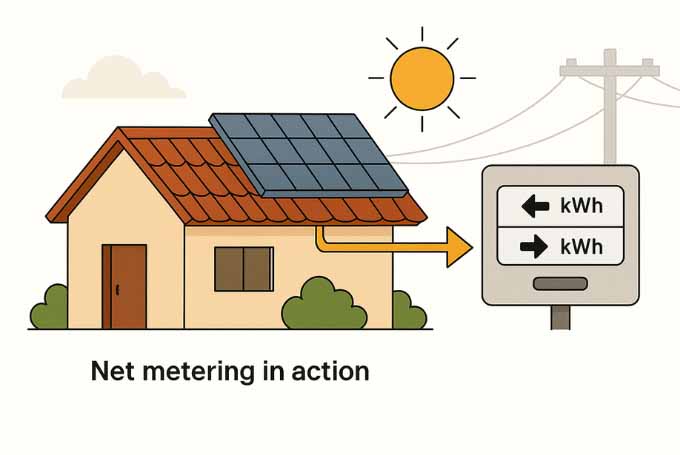 Solar panels on a Karachi home with electricity flowing back to the KE grid. A digital meter shows units flowing in both directions.