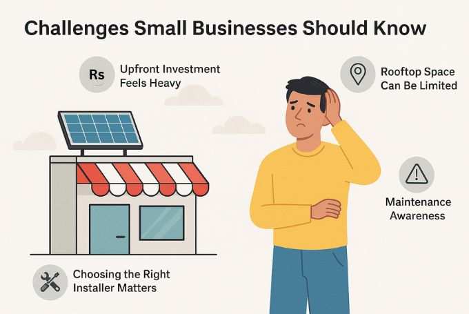 Fun cartoon-style illustration of a Karachi rooftop with solar panels shining under a smiling sun character, showing easy solar panel maintenance