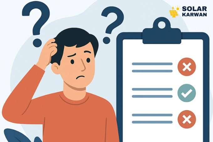 Flat-style illustration of a confused person scratching their head with question marks above, standing next to a checklist clipboard showing mistakes marked with red crosses. At the top right is Solar Karwan's Icon.