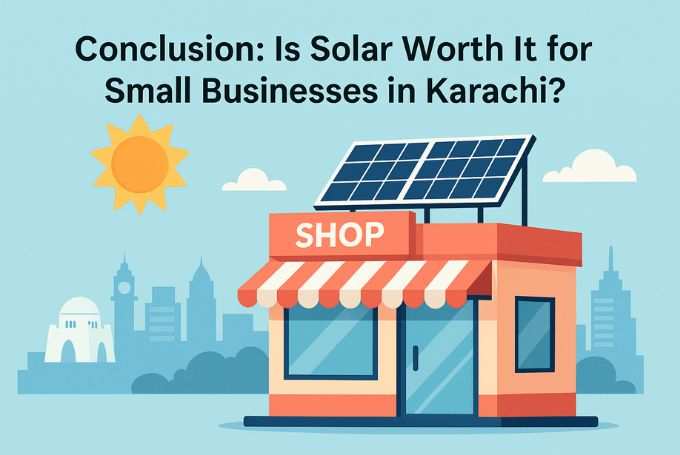 Illustration of a small shop in Karachi with solar panels on the roof, bright sun shining above, and Karachi landmarks in the background. The scene represents the conclusion that solar is worth it for small businesses.
