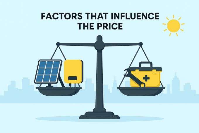 Flat illustration of a balance scale showing solar panels and inverter on one side, and a battery with toolbox on the other, symbolizing factors that influence the price of a 3kW solar system in Karachi.