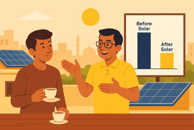 Two men in Karachi having tea on a rooftop while discussing solar savings, with solar panels and a chart showing before-and-after electricity costs in the background.