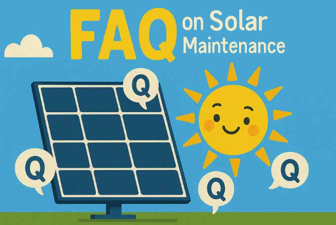 Feature Image Idea (Size: 680 x 455)
Scene:
A vibrant, cartoon-style Karachi rooftop with clean, shiny solar panels catching bright sunlight.A friendly sun character smiles down with sunglasses 😎An illustration of a solar panel and a bright yellow sun with a smiley face with the text that reads ''FAQ on Solar Maintenance''.
