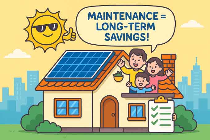 
A cute cartoon Karachi home with clean solar panels, happy sun, and family celebrating maintenance success with a checklist in hand.