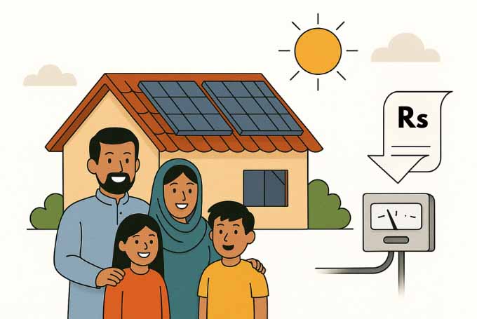 A cheerful family standing in front of a solar-powered home with bright sun above and a falling electricity bill in the background.