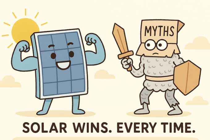 A Cartoon (debunking of a Solar Myth) of a smiling solar panel flexing its arms under the sun, confidently facing off against a nervous character labeled "MYTHS" dressed in weak armor with a cardboard sword and shield. Caption reads: "SOLAR WINS. EVERY TIME."