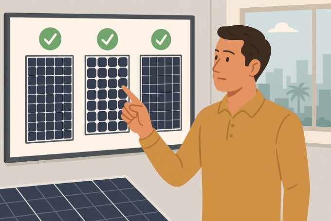 Man comparing three different solar panel types on a digital board in a modern room with cityscape view in Karachi