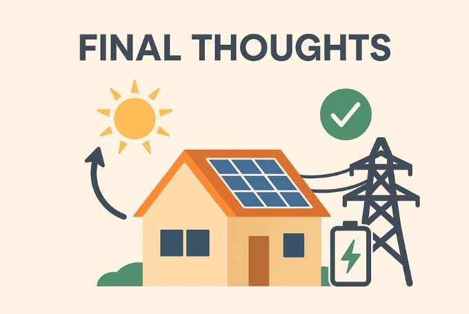 Illustration of a house with rooftop solar panels, sun icon, battery icon, and power lines, representing clean energy and system comparison.