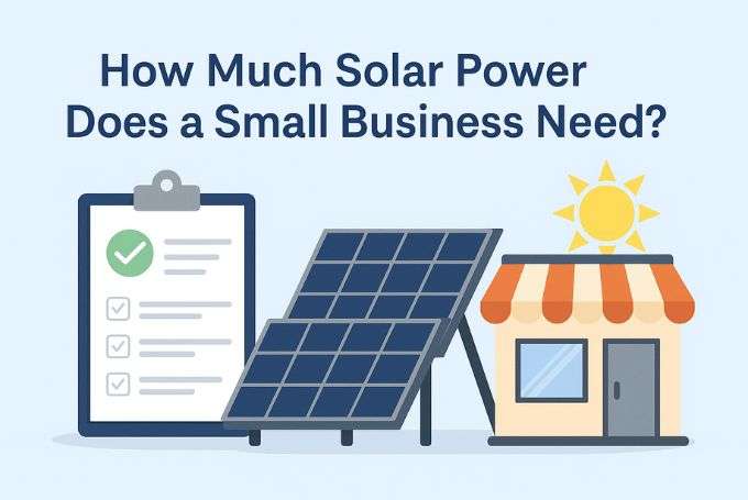 Illustration of a small shop with solar panels, a bright sun, and a checklist clipboard, representing how much solar power small businesses need.