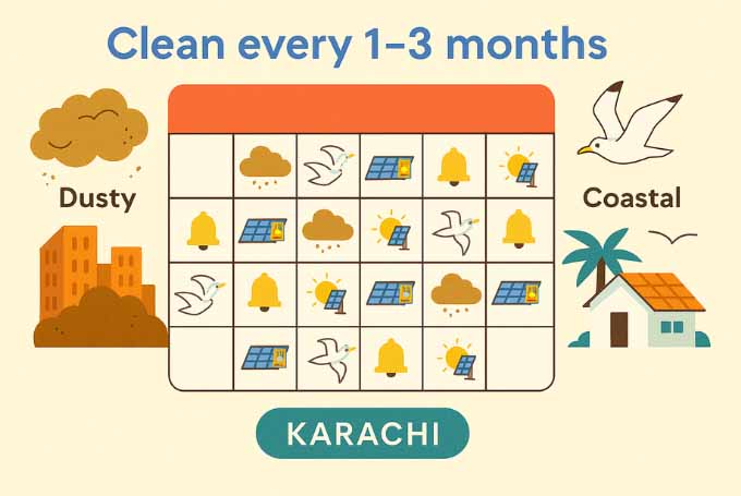 Colorful illustrated calendar showing reminders to clean and maintain solar panels every 1–3 months in dusty and coastal areas of Karachi.