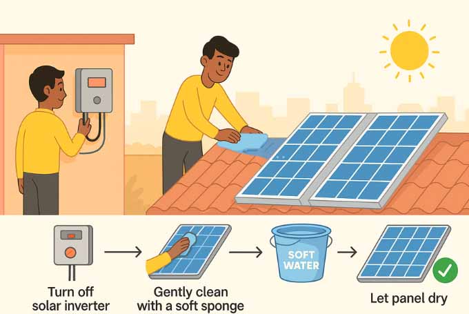 Step-by-step illustrated guide showing how to safely clean solar panels on a Karachi rooftop using soft water and a sponge.