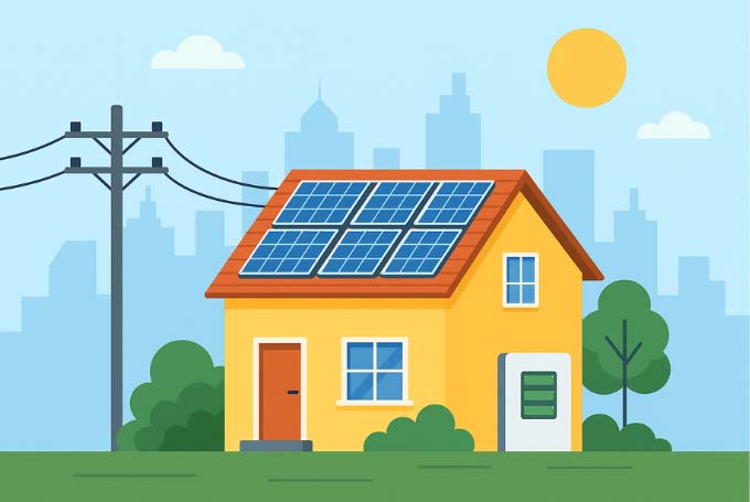Illustration of a Karachi house with rooftop solar panels, battery storage unit, and power lines, representing a hybrid solar system on a sunny day.