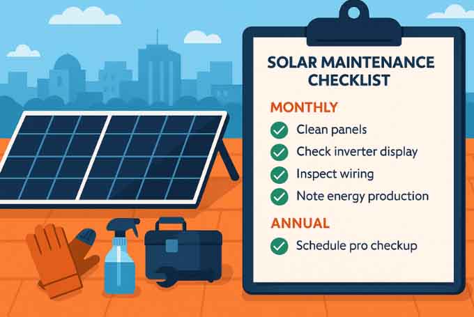 Illustration of a solar maintenance checklist with monthly and annual tasks shown on a clipboard, set beside a rooftop solar setup in Karachi.