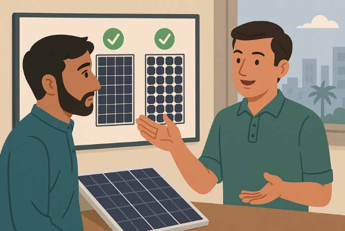 Karachi resident in discussion with a solar expert while reviewing different panel options in a consultation room.