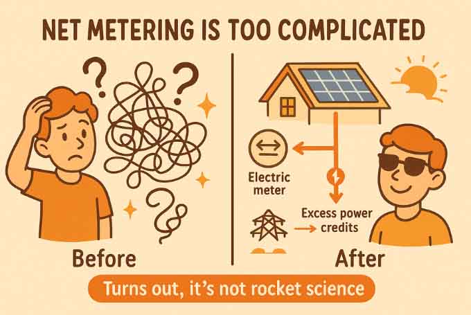 A 2D cartoon-style (debunking one of the Solar Myths) infographic split into two sections labeled "Before" and "After."On the left, under “Before,” a confused man scratches his head while staring at a tangled mess of wires and question marks, representing the misconception that net metering is too complicated.On the right, under “After,” the same man appears relaxed and confident, wearing sunglasses, next to a simplified diagram: solar panels on a roof, arrows showing energy flow to an electric meter, power grid, and labeled “Excess power → credits.”
At the bottom, a bold banner reads: “Turns out, it’s not rocket science.