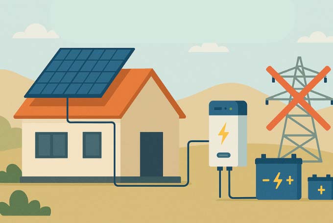 Illustration of an off-grid solar system with rooftop panels, battery storage, inverter, and no power lines, set in a sunny rural landscape.