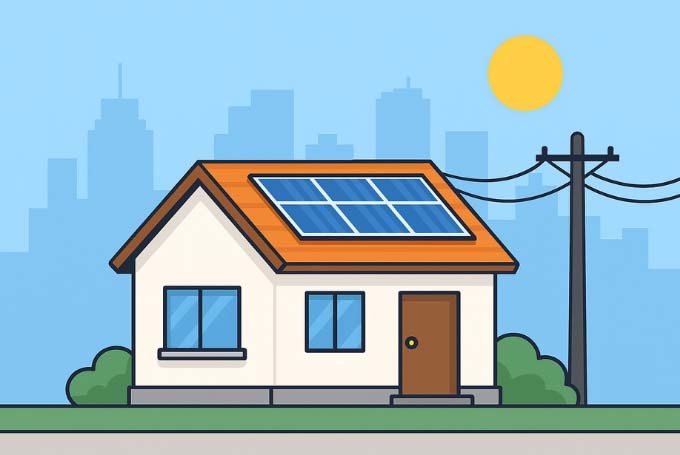 Illustration of a Karachi house with rooftop solar panels connected to power lines(on-grid solar system), bright sunny sky, and city skyline in the background.