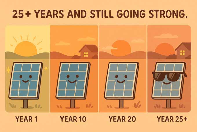 A cartoon-style timeline image (debunking one of the Solar Myths)showing a cheerful solar panel aging over time.In Year 1, the panel sparkles brightly under a rising sun.In Year 10, it still looks happy and strong beside a lit-up house.In Year 20, it appears slightly older but still smiling at sunset.In Year 25+, the panel wears sunglasses, looking relaxed like a Karachi uncle chilling on a Sunday evening.
The background transitions from sunrise to sunset, with houses in the distance and the text “25+ YEARS AND STILL GOING STRONG” at the top.