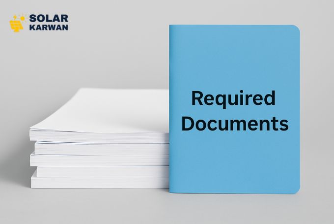 Illustration showing a stack of white documents next to a blue folder labeled “Required Documents,” symbolizing paperwork needed for net metering in Karachi. At the top left corner is Solar Karwan's icon.