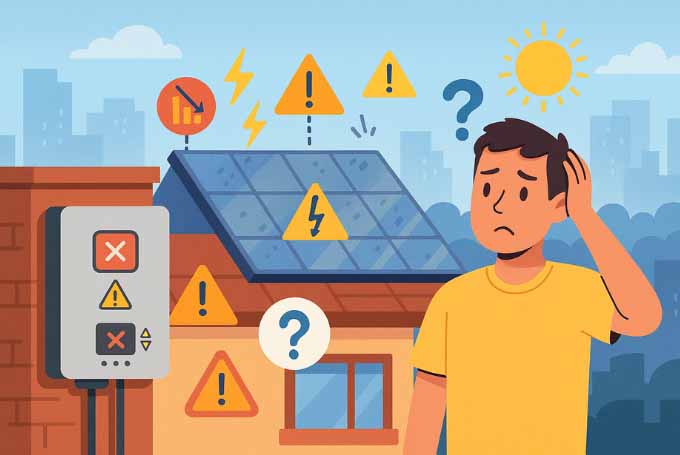 A concerned homeowner near a solar inverter with warning signs, low energy output, and dusty panels—illustrating system issues in Karachi.