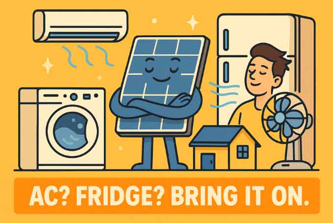 A colorful cartoon-style illustration (debunking one of the Solar Myths)showing a confident solar panel with crossed arms powering several household appliances, including an air conditioner, refrigerator, washing machine, and fan. A relaxed man enjoys the cool breeze, and the bottom caption reads: “AC? FRIDGE? BRING IT ON.